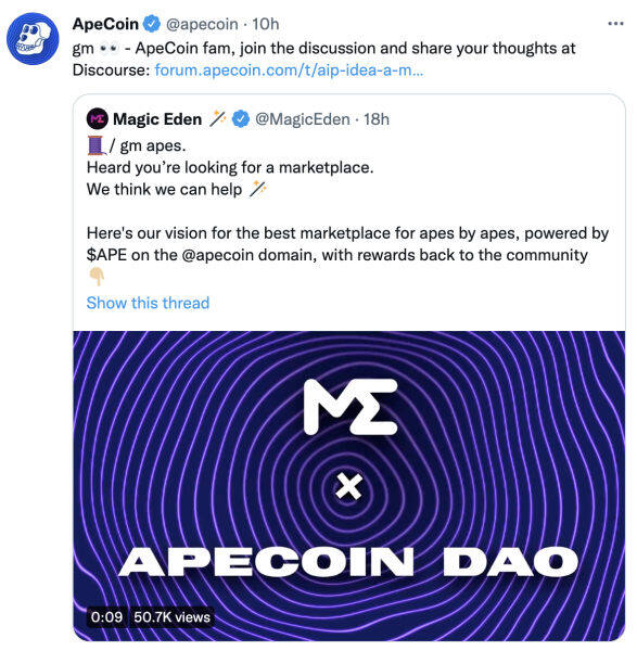 Magic Eden拉拢ApeCoinDAO 期望创建低交易费专属NFT市场-第3张图片-腾赚网