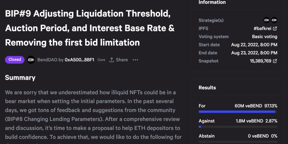 为避免NFT清算！BendDAO BIP9提案通过 接着再提BIP10提案