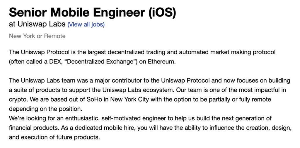 将推手机App？Uniswap Labs正招募苹果iOS高端工程师-第2张图片-比特派钱包