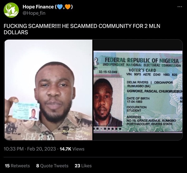 失去“希望”的团队:贴出了骗子照片和身份证Hope骗局损失180万美元2